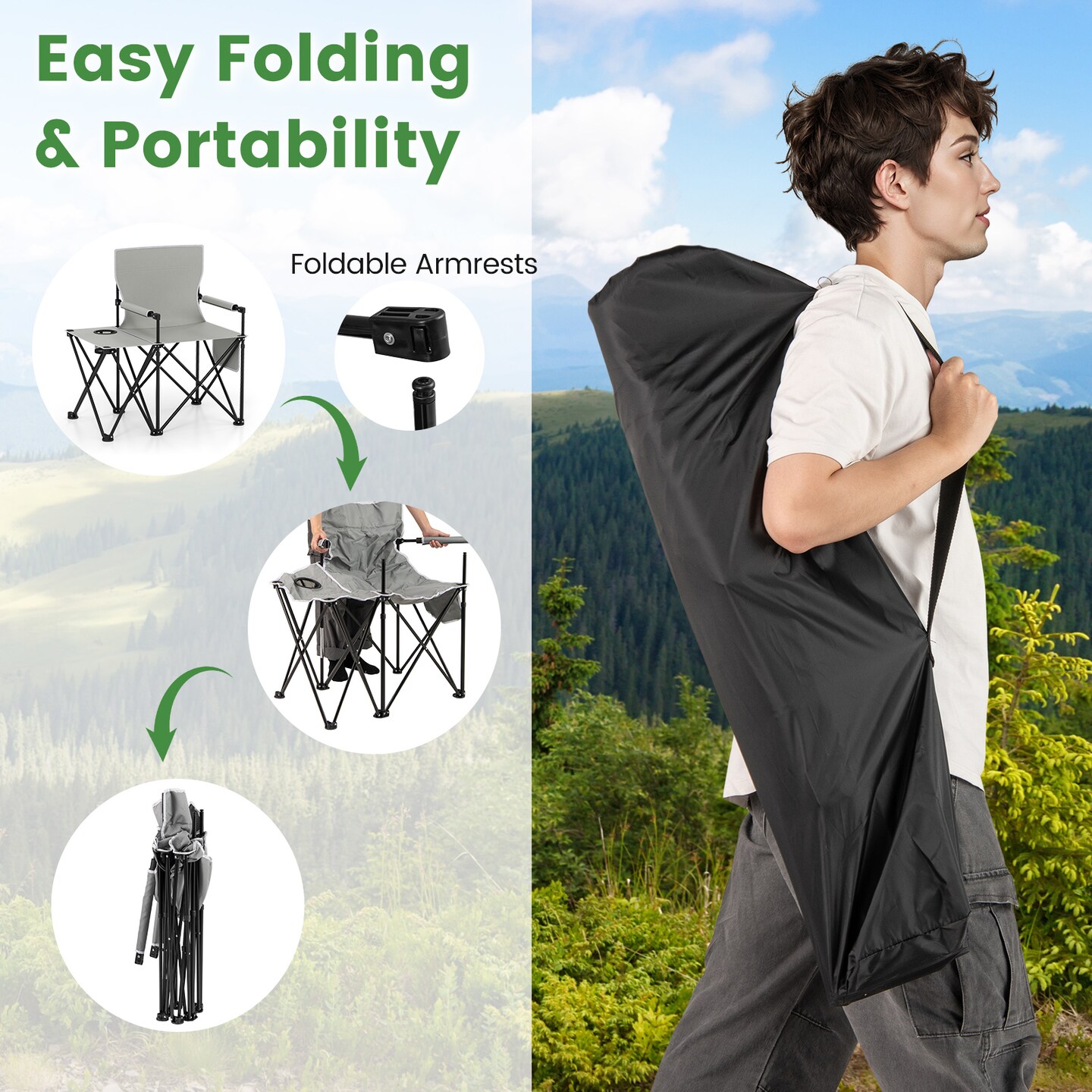 Foldable Camping Chair Oversized with Side Table Mesh Storage Pockets