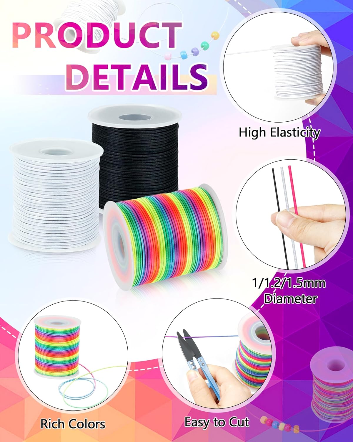 2 Rolls Elastic Bracelet String Total 330 Feet,1.0mm,1.2mm,1.5mm Elastic Cord for Beading Stretchy String with Beading Needle for Bracelets, Sewing, Necklace, Jewelry Making and Crafts