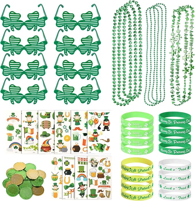 152Pcs St. Patricks Day Accessories Party Favor Set, Shamrock Glasses, Irish Themed Tattoo Stickers, Coins, Bracelets and Necklaces Irish Decor Favors Set for Home Saint Patrick Themed Party Supplies