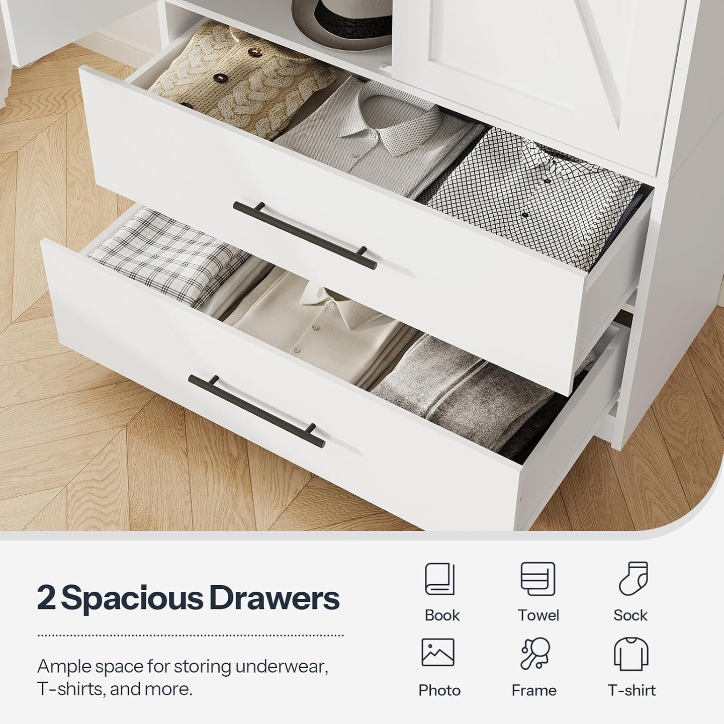 White Engineered Wood Wardrobe with Metal Accents, Drawers and Hanging Rod