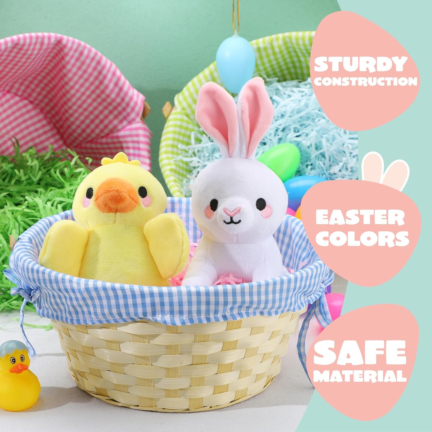 3 PCS Easter Bamboo Baskets with Plaid Lining & Handle, Includes 3 Colors Easter Grass Paper Shreds for Egg Hunt, Kids Party Favors (Blue, Pink, Green)