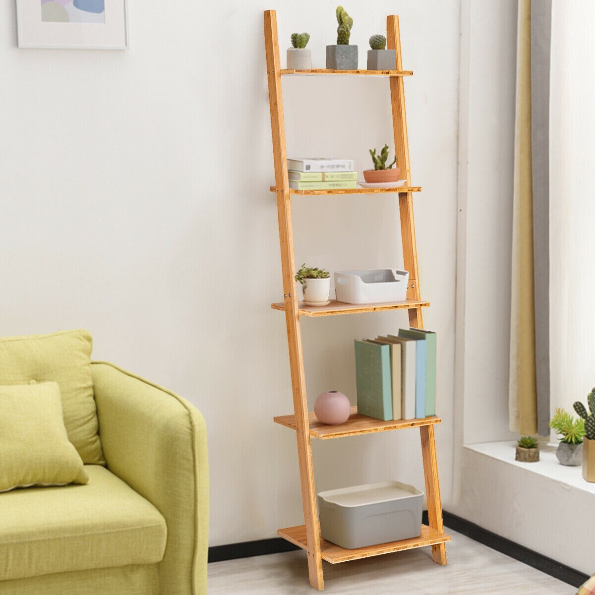 Natural Modern Wicker Leaning Ladder Bookshelf with 5 Shelves