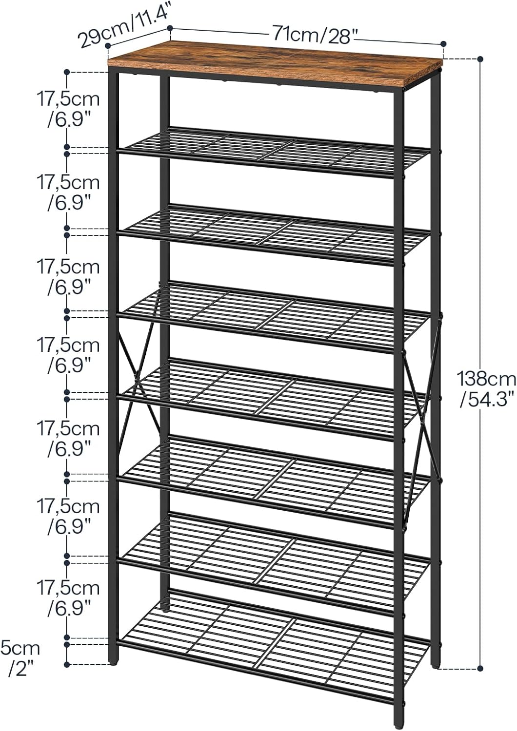 Rustic Brown-Black 8-Tier Engineered Wood and Metal Shoe Rack with Shelves