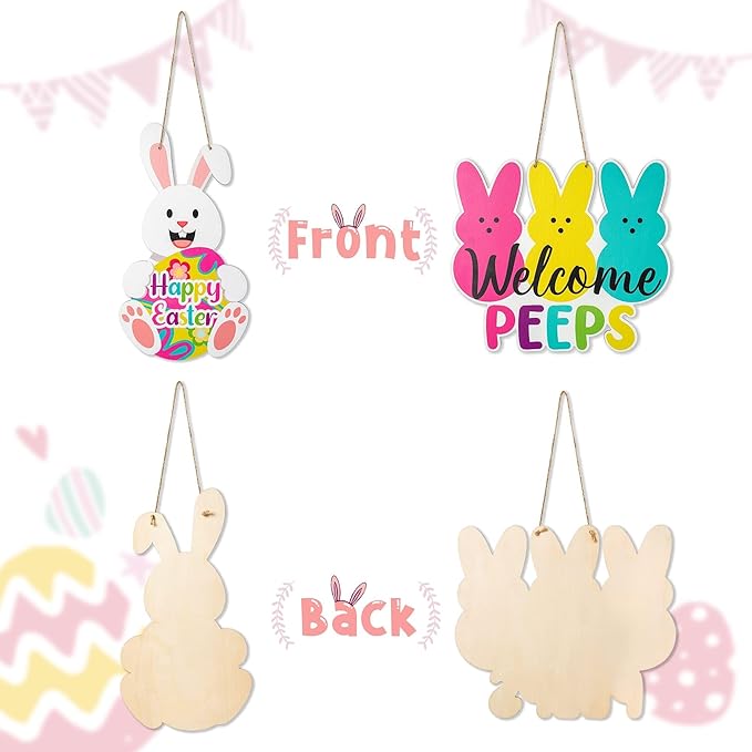 Easter Welcome Door Signs - 2Pcs Welcome Peeps Easter Bunny Wooden Front Hanging Door Sign Decorations Spring Colorful Rabbit Indoor Outdoor Farmhouse Porch Wall Fireplace Decor Spring Gifts