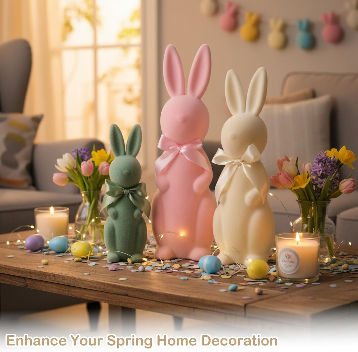 3PCS Flocked Bunny Easter Decorations with Bow Ties, Pastel Rabbit Figurines for Easter Centerpieces, Spring Home Tabletop Shelf Decor & Seasonal Gift (Pink, Beige, Green)