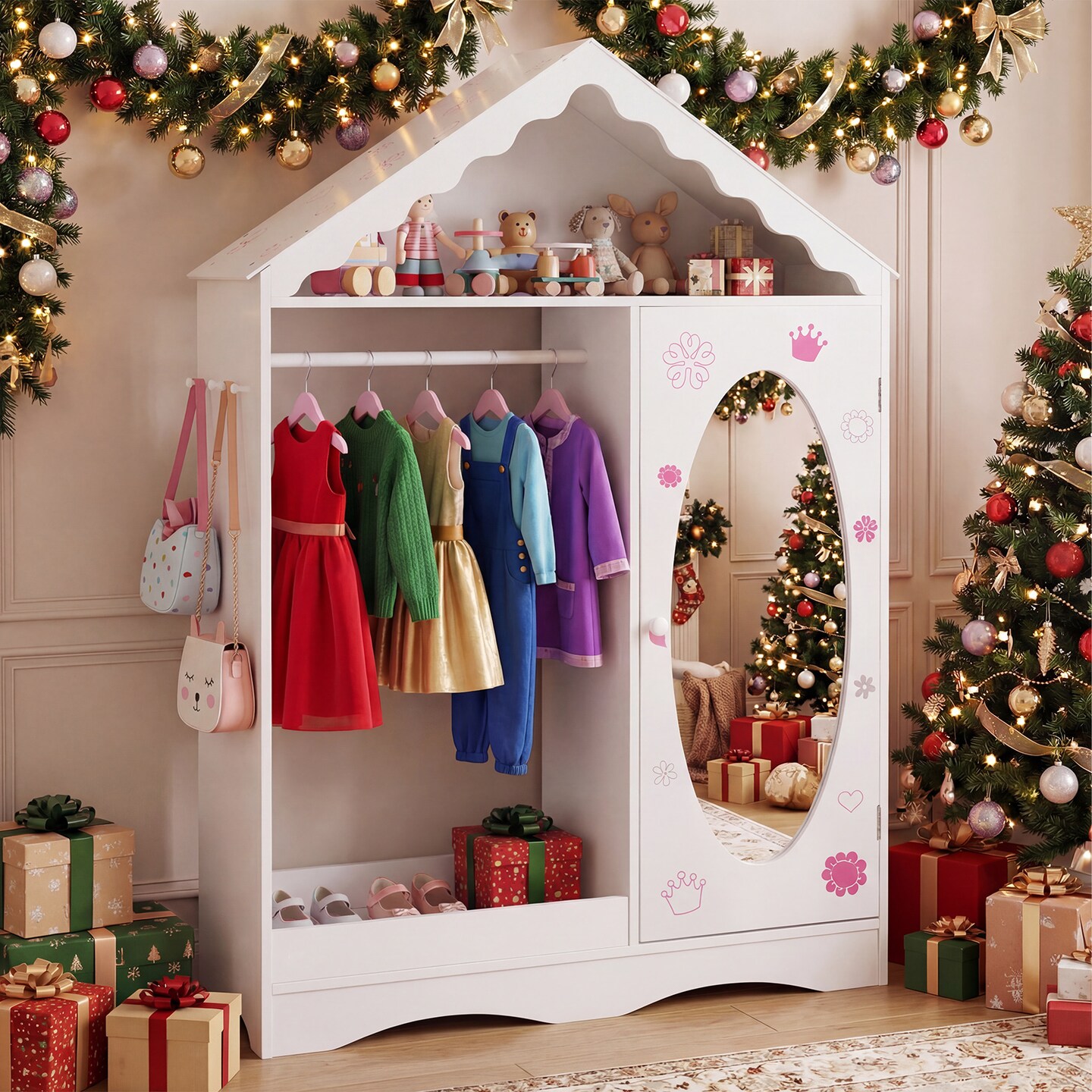 Roofed Kids Wardrobe With Mirror Clothes Rack And Storage Cubes