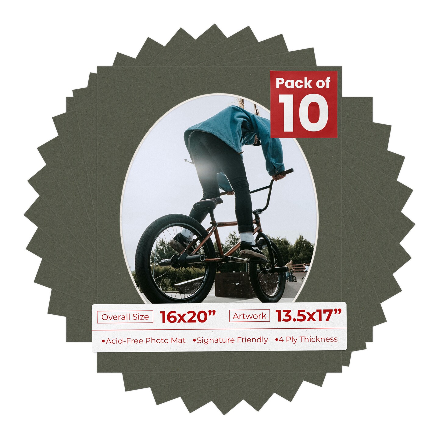 Dark Olive Green Mat Board for 16x20 Frames - Oval Opening for 13.5x17 Photos