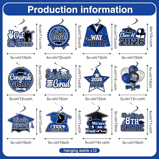 8th Grade Graduation Decorations 2026, Blue Glitter "Out 8th Grade Next Stop High School" Banner & 12Pcs Hanging Swirls, Pre-Strung Middle School Graduation Party Supplies (No-DIY)