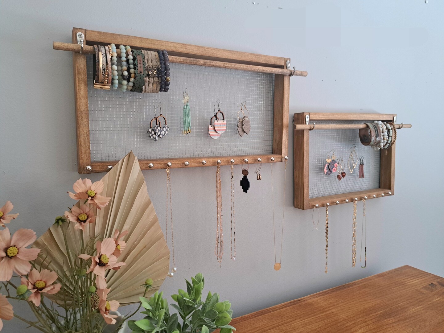Simple Jewelry Organizer Wall Hanging, Rustic Wood Earring Bracelet and Necklace Holder