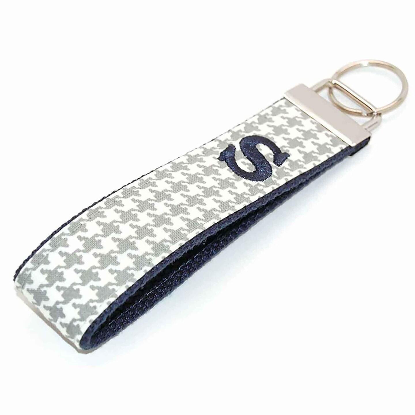 Houdsooth Key Rings Gray and Creme Houndstooth with Navy Blue Keychain - Embroidered Key ...