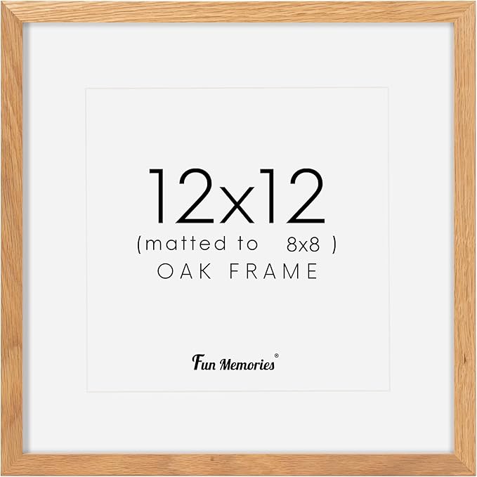 12x12 Picture Frame, Solid Oak Wood 12&#x22;x12&#x22; Photo Frame for Wall, 12 x 12 Frame Matted to 8 x 8, Square 12x12 Frame, Tempered Real Glass, 12 x 12 Collage Gallery Frames - Natural Oak Color, 1 Pack