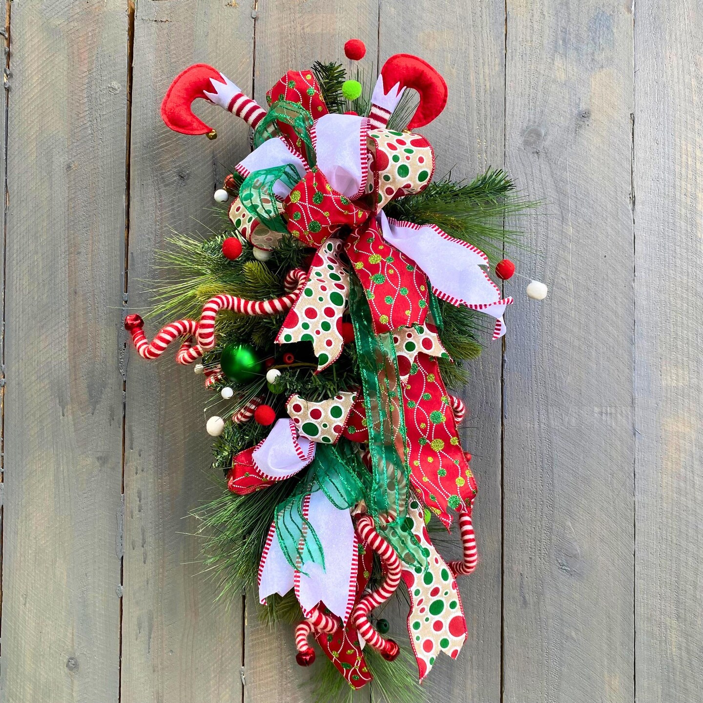 Christmas Teardrop Door Swag with Elf Legs, Fun Front Door Wreath