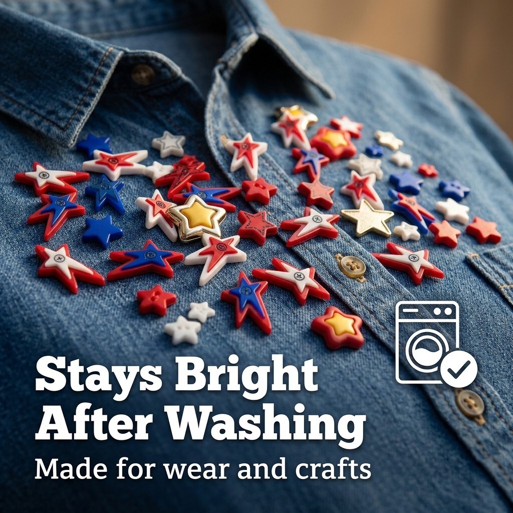 Patriotic Star Craft & Sewing Buttons – 50 Piece Red White & Blue Star Button Assortment