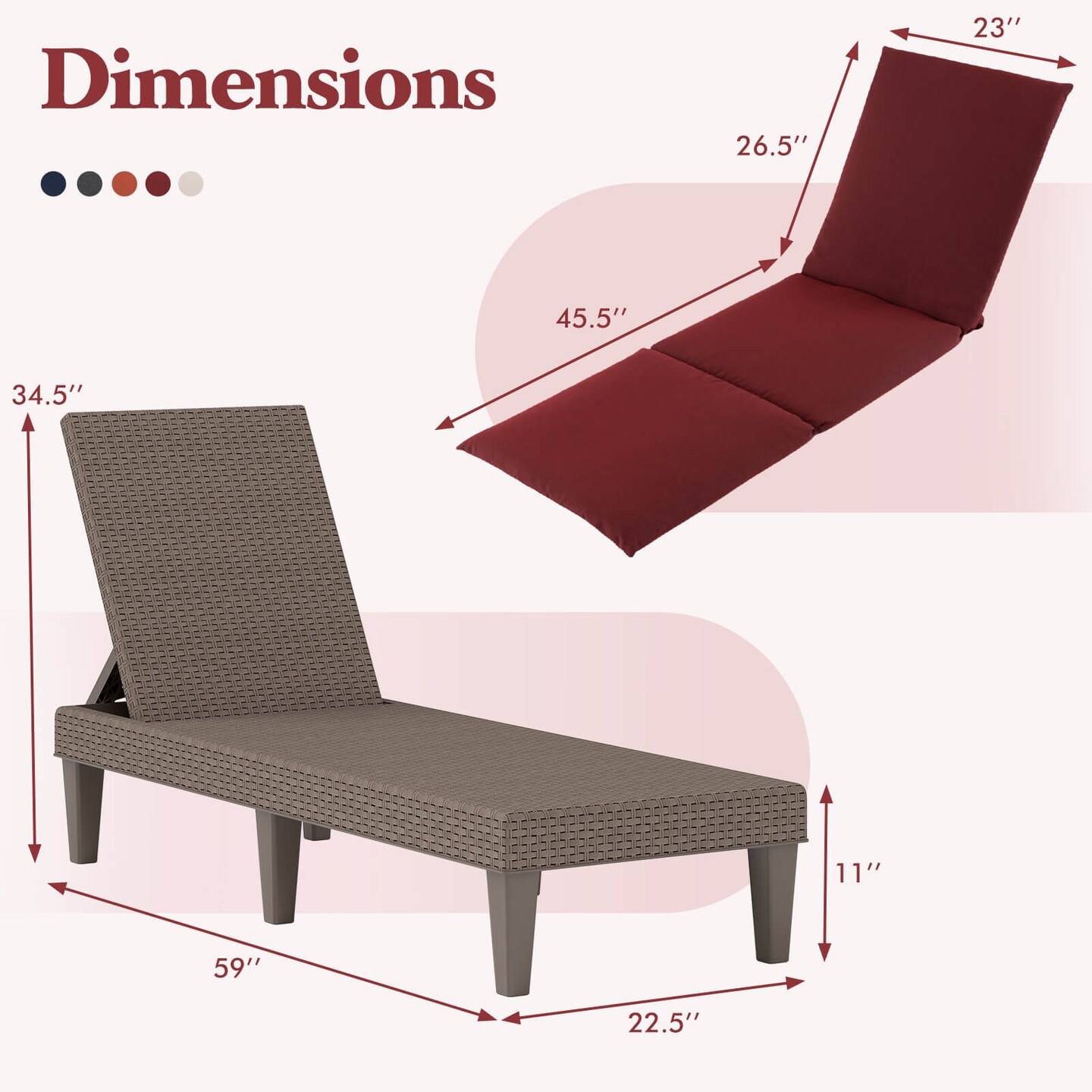 Costway Patio Lounge Chair Recliner Chair with 3-Position Adjustable Backrest & Cushion Blue/Gray/Orange/Red/White