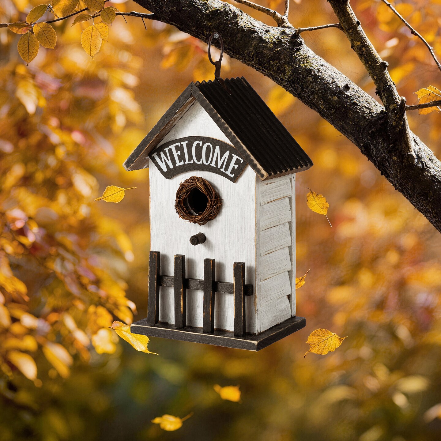 Set of 2 11"H Washed White Solid Wood Fence Outdoor Garden Birdhouse