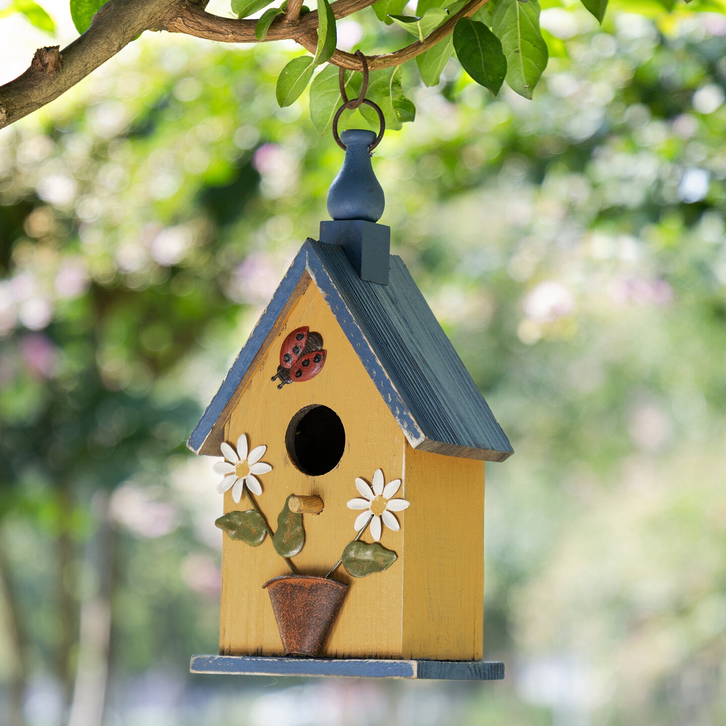 Set of 2 12.25''H Washed Yellow Distressed Solid Wood Cottage Garden Birdhouse with Bees and Flowers