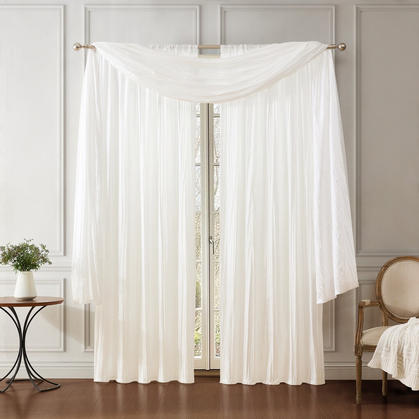 Threadmade Home Athena Faux Silk Window Curtain and Scarf Set, White - 52"W x 108"L