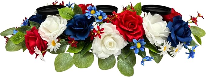 4th of July Patriotic Floral Centerpiece with 3 Candle Holders - Red, White & Blue Artificial Roses for Independence Day, Memorial Day & Veteran’s Day Home Table Decor