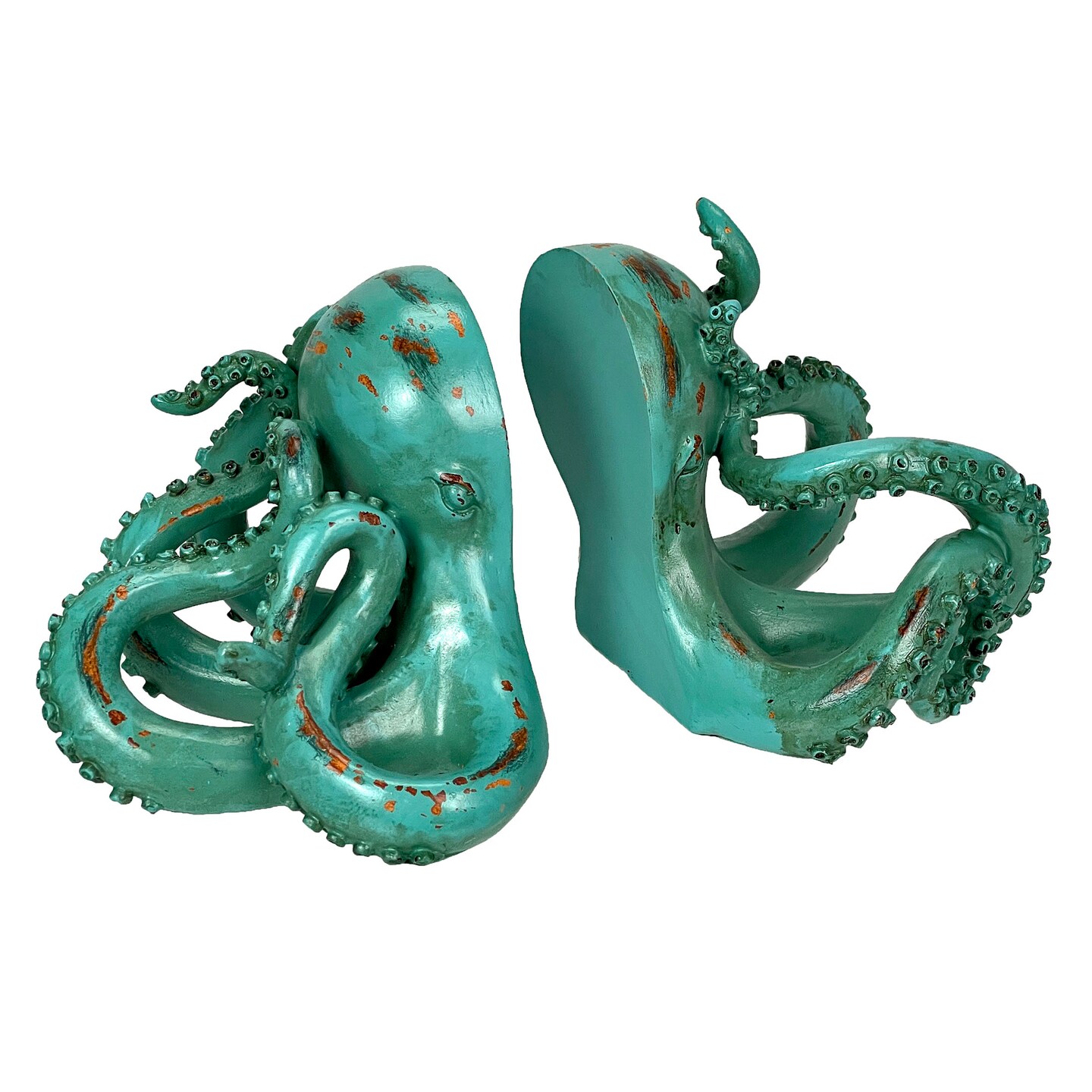Aqua Green Octopus Bookends Set of 2 Nautical Polyresin Coastal Shelf Decor
