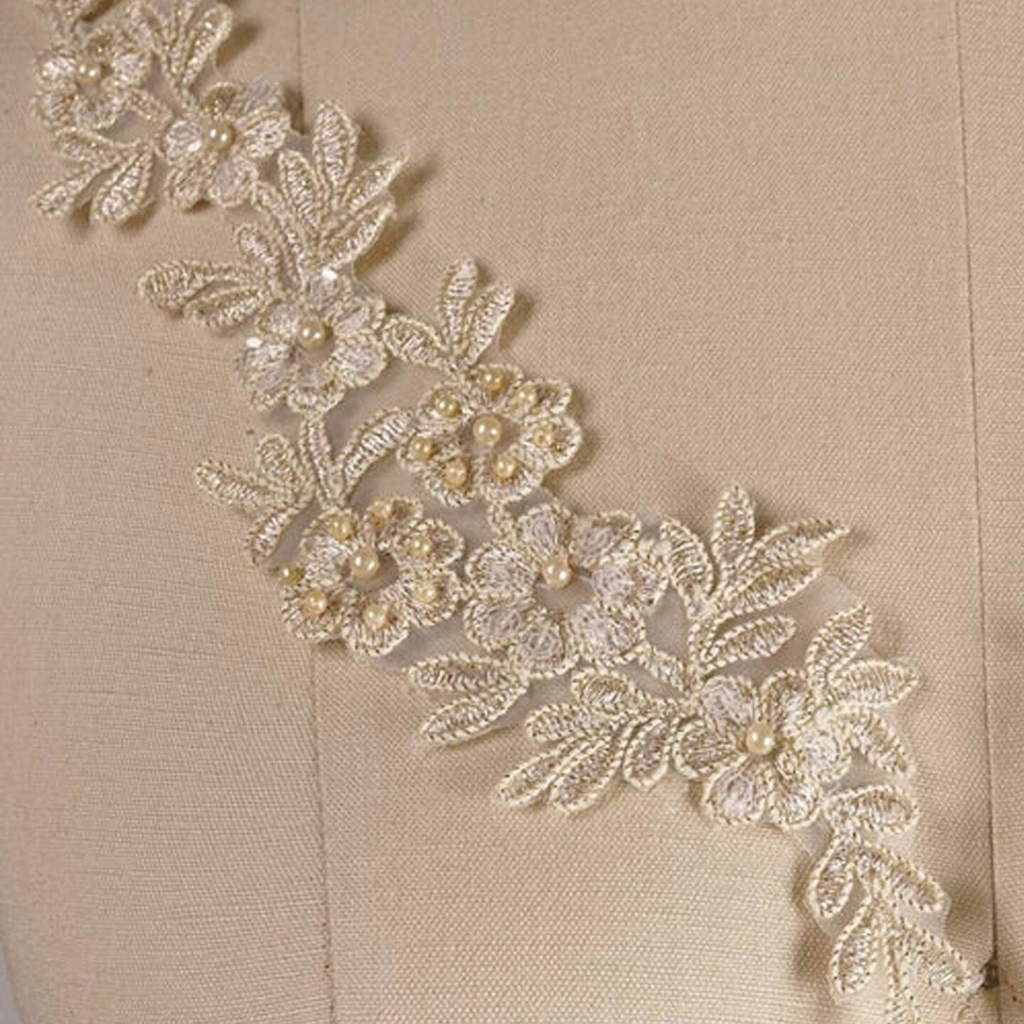 1 Pair Champagne Gold Alencon Lace Applique Metallic Beige with Pearls Symmetrical Design