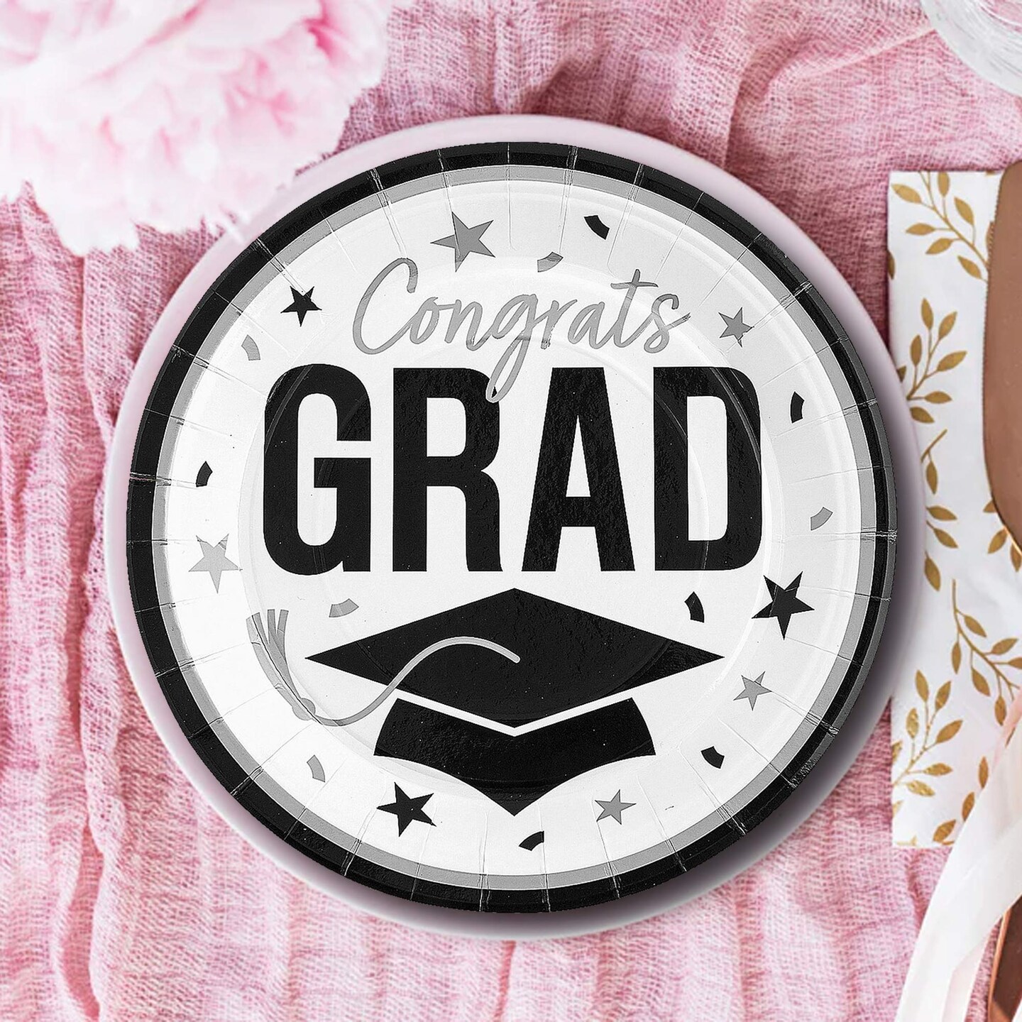 25 Count White Congrats Grad Paper Plates 9 Inch Graduation Party Supplies for Clean Looks