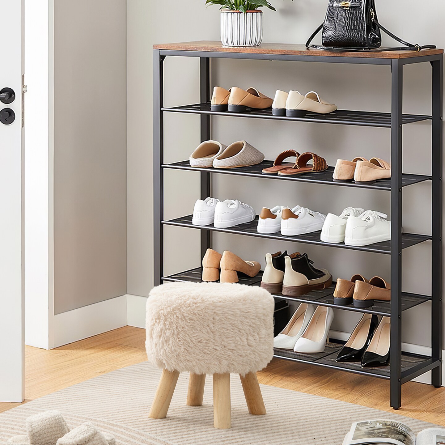 White Faux Fur Round Ottoman Stool, Padded Seat and Rubber Wood Legs