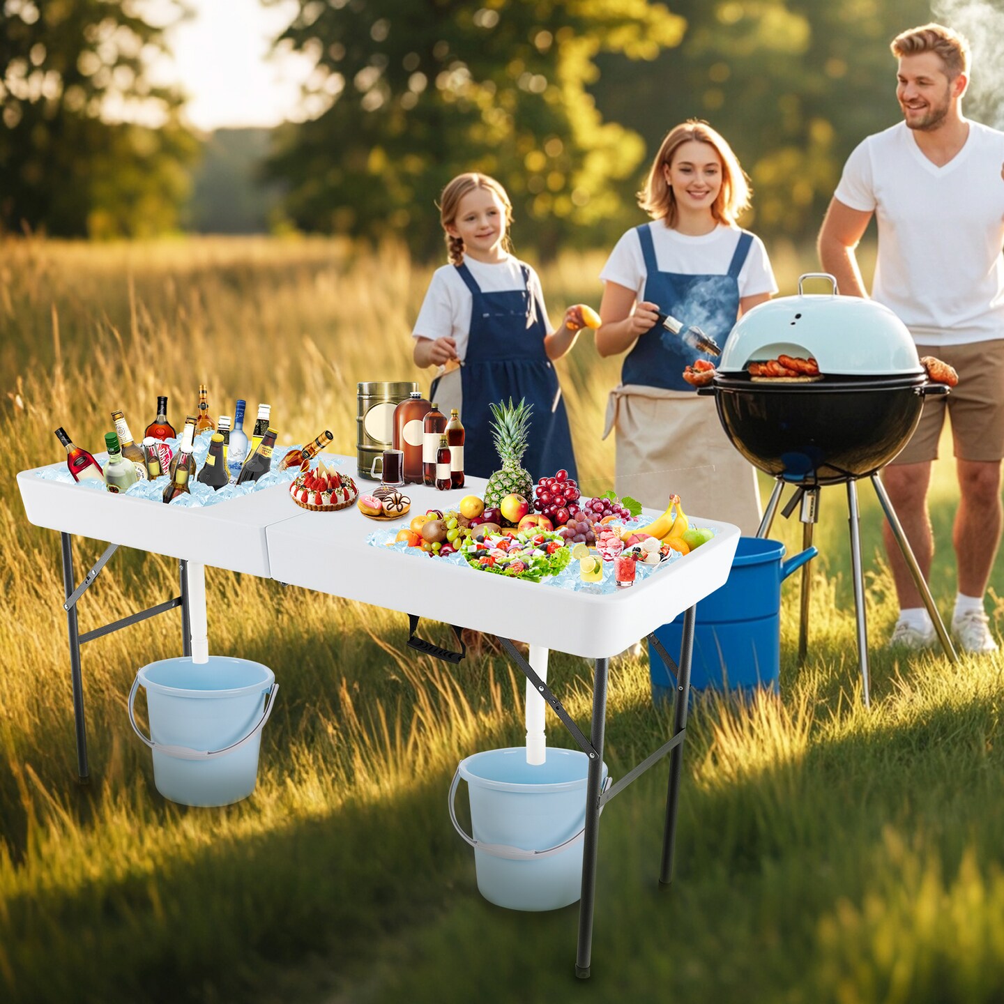 White Folding Ice Cooler Table with Double Sinks and H-Shaped Metal Frame Ideal for Picnic or Wedding