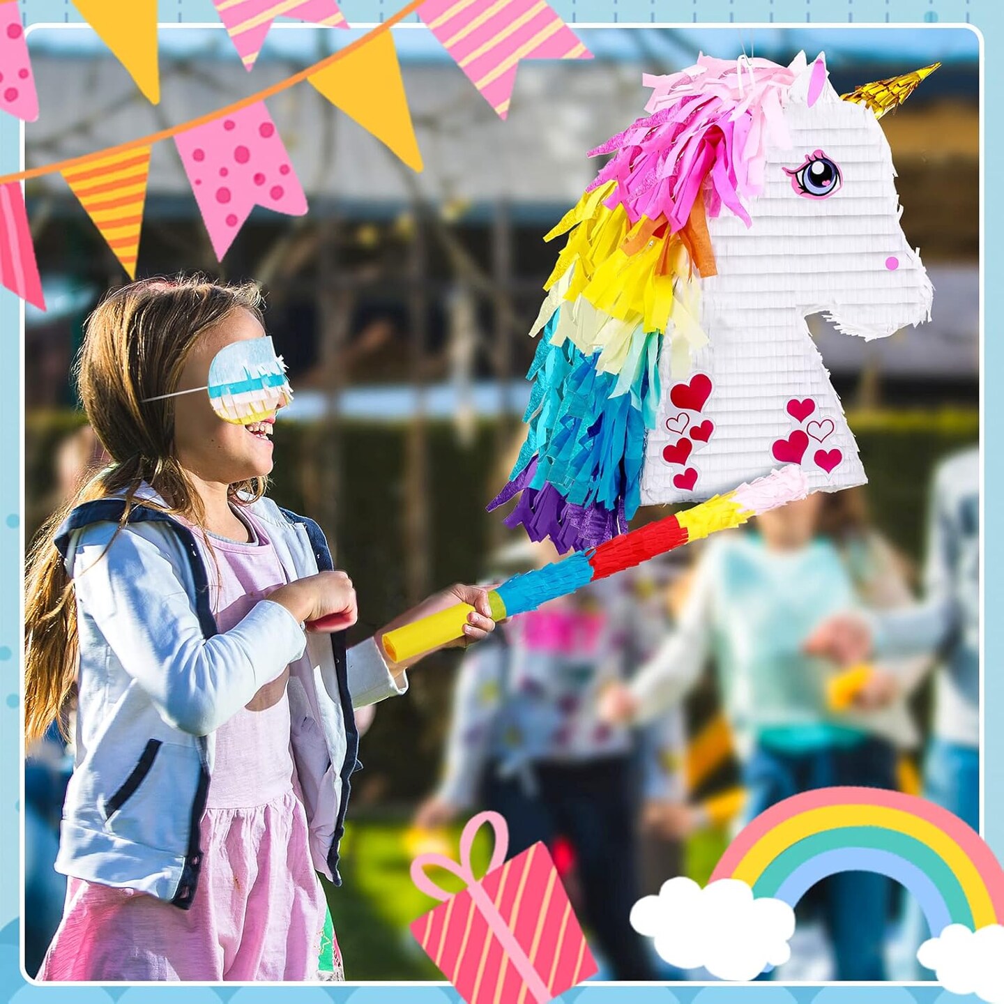 Unicorn Rainbow Pi&#xF1;ata for Girls Birthday Party Supplies Small Pi&#xF1;ata Set Includes Mask Bat and Confetti Bag for Kids Unicorn Theme Birthday Game Party Decorations, 16 x 10.6 x 3 Inches