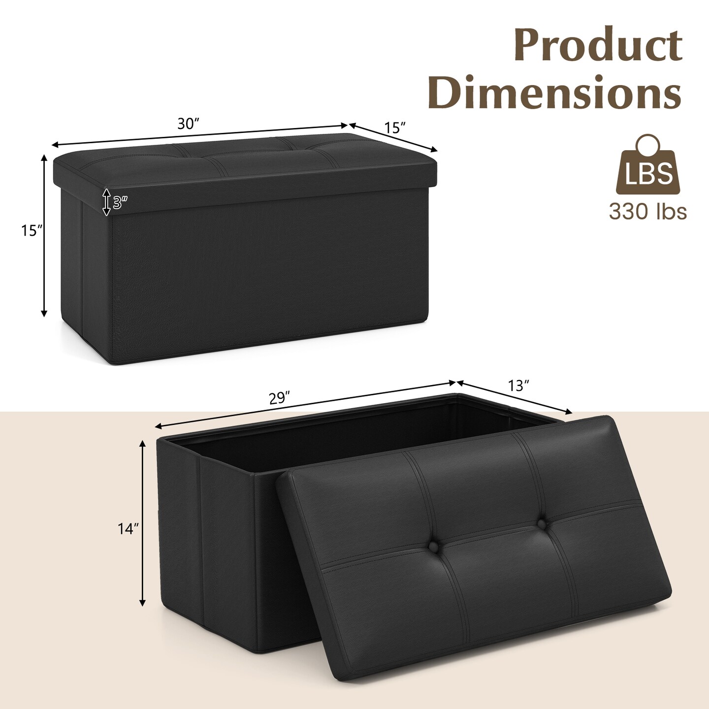Black Rectangle Foldable Upholstered Storage Footstool with PVC Leather Surface and Cushioned Seat