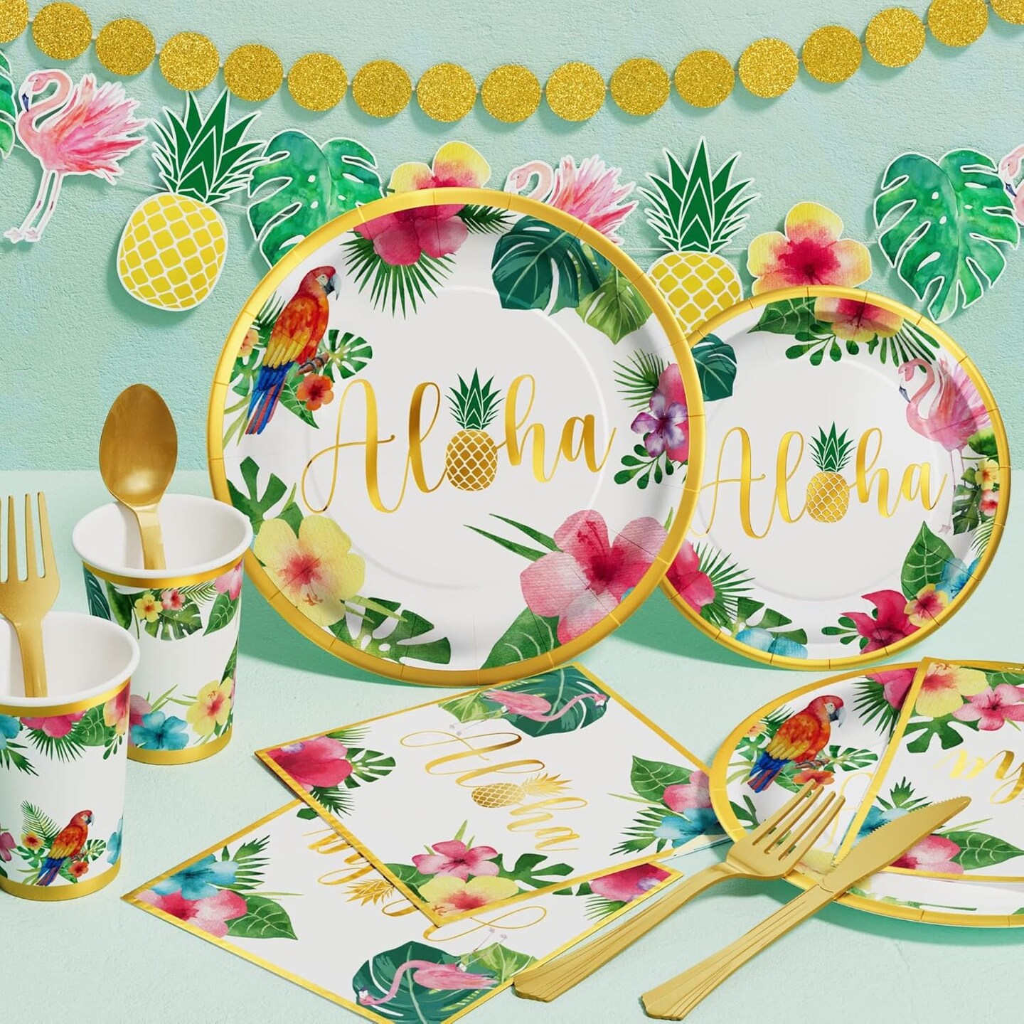 Hawaiian Tropical Luau Party Decorations Supplies - 175 PCS Aloha Birthday Disposable Dinnerware Set