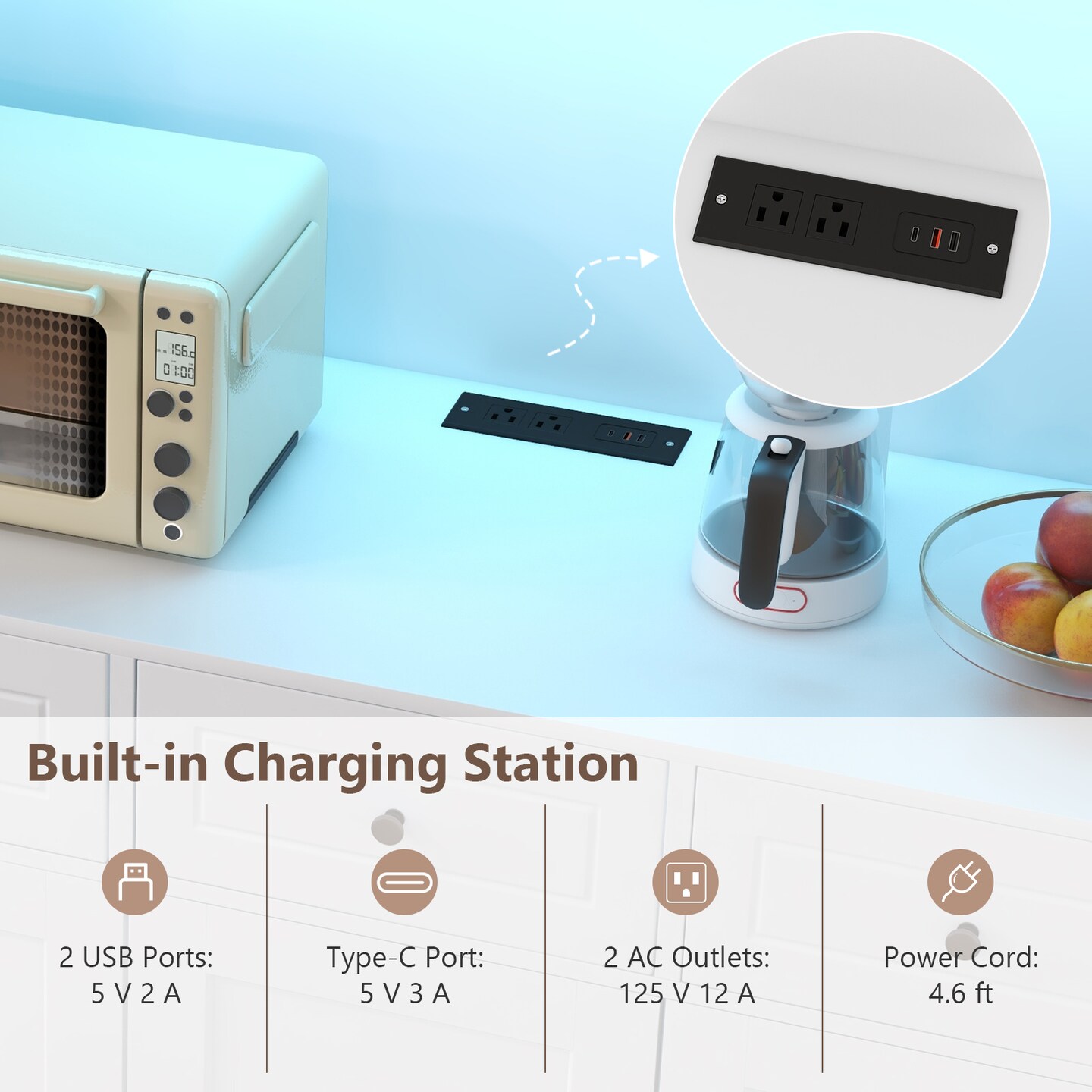 77 Inches LED Lighted Kitchen Pantry Storage Cabinet with 3-Level Adjustable Shelves and Power Outlets