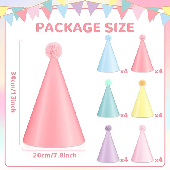 24 PCS Rainbow Party Hats Pastel Rainbow Themed Paper Hats Pastel Party Birthday Party Cone Hats Macaron Themed Party Hats for Kids and Adults Birthday, Baby Shower, Bridal Shower Party Decorations