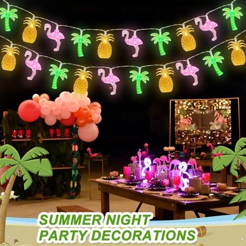 30 LED Tropical Summer String Lights &#x2013; 16Ft Flamingo, Pineapple &#x26; Palm Tree Fairy Lights with 8 Modes &#x26; Timer &#x2013; Battery Operated Beach, Pool &#x26; Luau Party Decor