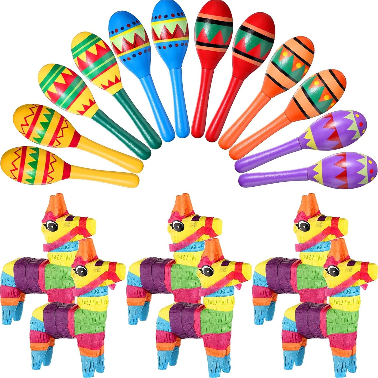 36 Pcs Mexican Fiesta Decor Include 12 Wooden Maracas Bulk 6 Mini Donkey Pi&#xF1;atas Mexican Theme Decorations for Maracas Party Favors Adults Cinco De Mayo Party Props