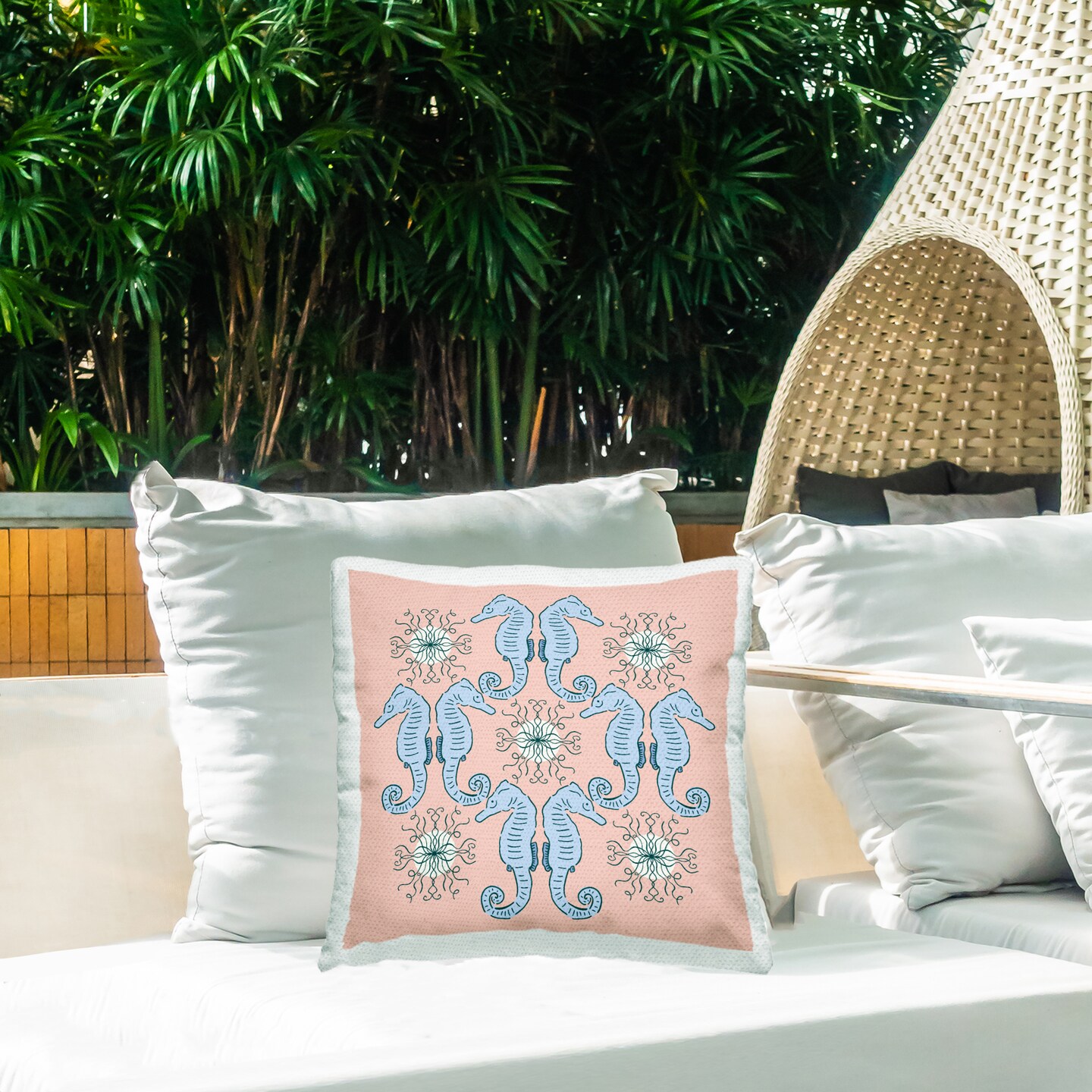 Stupell Industries Symmetrical Coral Seahorse Pattern Outdoor Printed Pillow design by Sazerelli Designs, 18 x 7 x 18