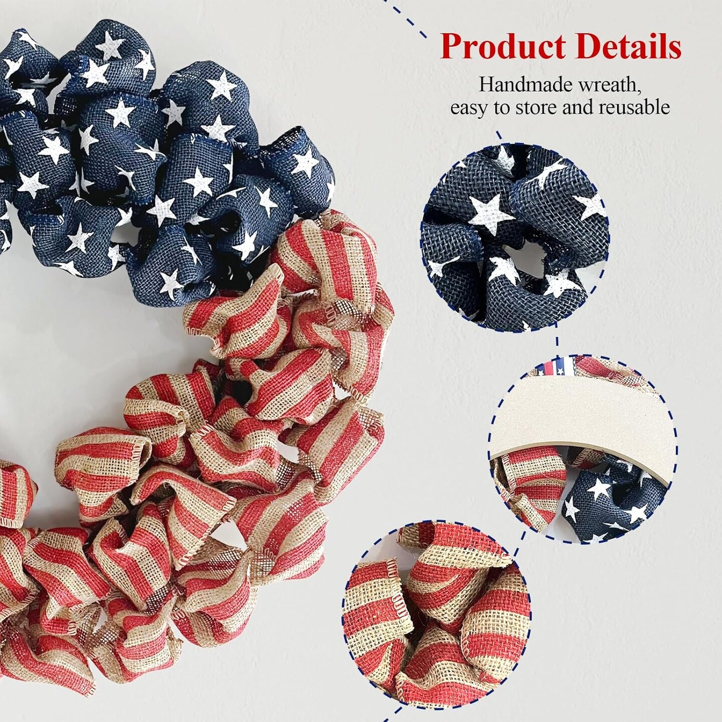 24 Inch Summer Patriotic Front Door Wreath, 4th July Independence Day Wreath America Patriotic Flag Burlap Farmhouse Decor, Memorial Day Americana Wreaths for Front Door Window Christmas Decor