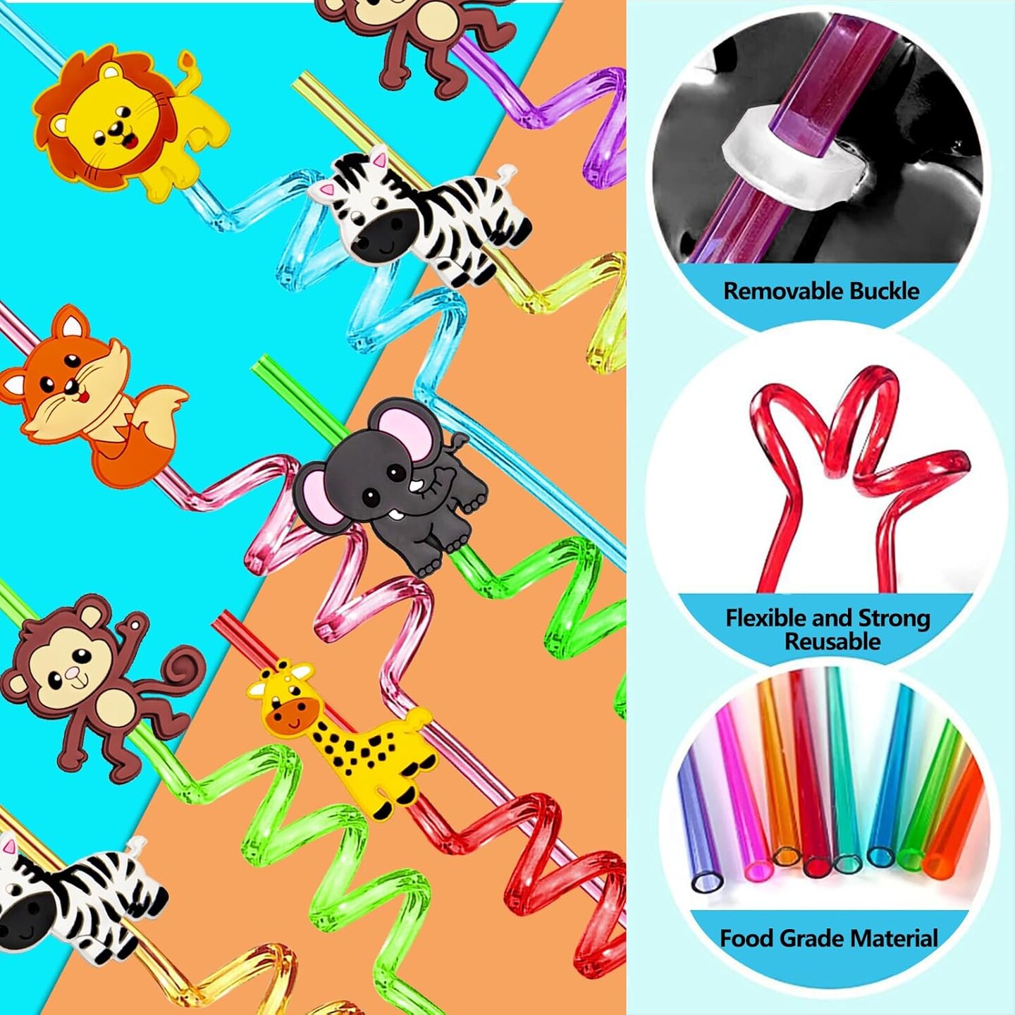24PCS Jungle Animal Drinking Straws Reusable for Kids Forest Animal Theme Birthday Party Favors Supplies Decorations with 2 PCS Cleaning Brushes (Safari Jungle Animal)