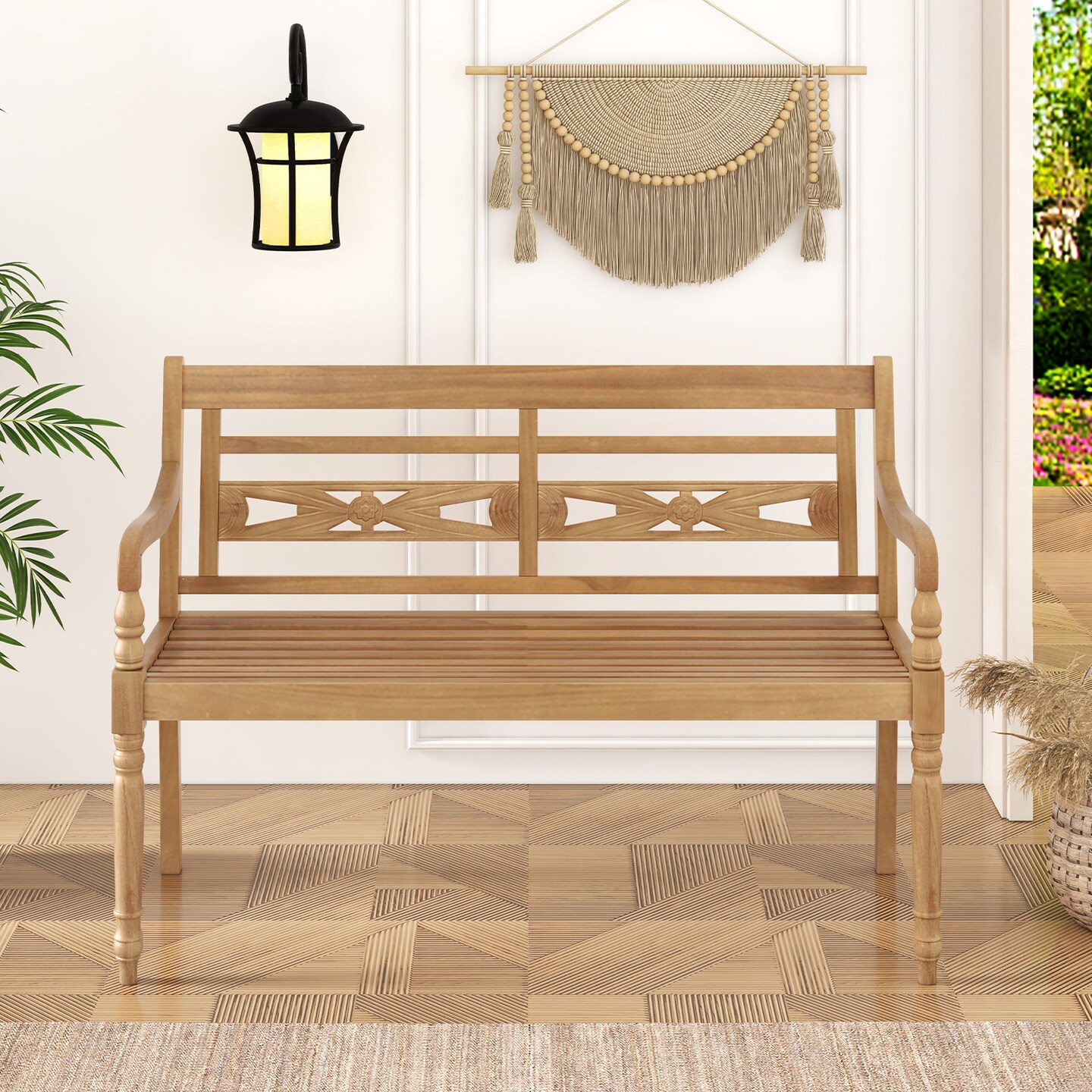 Natural Teak Wood Patio Bench with Wide Backrest and Curved Armrests Ideal for 2 Seats