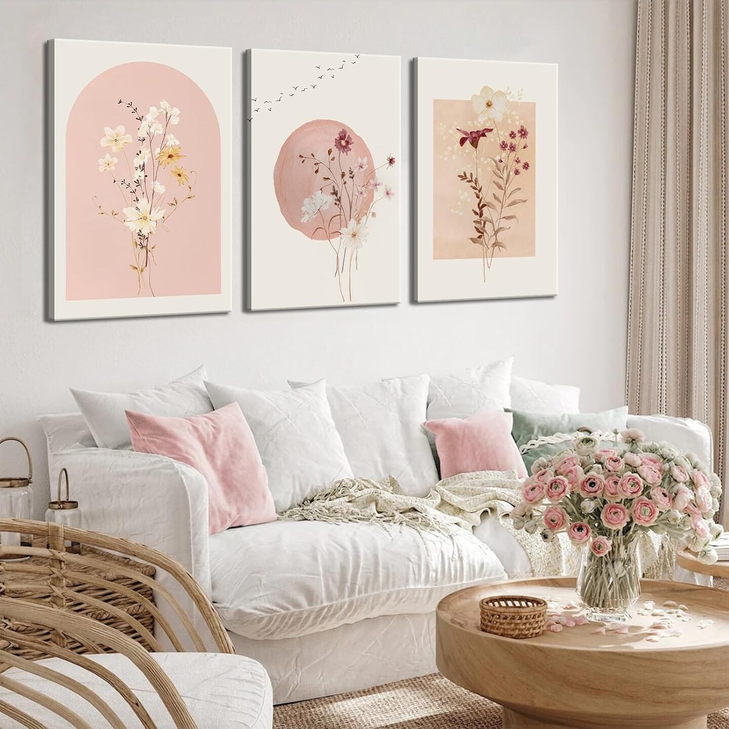Summer 3 Pcs Watercolor Flower Canvas Wall Decor, Wildflower Floral Pictures, Neutral Minimalist Botanical Posters Prints for Living Room, Bedroom, Home Decoration, 12x16in