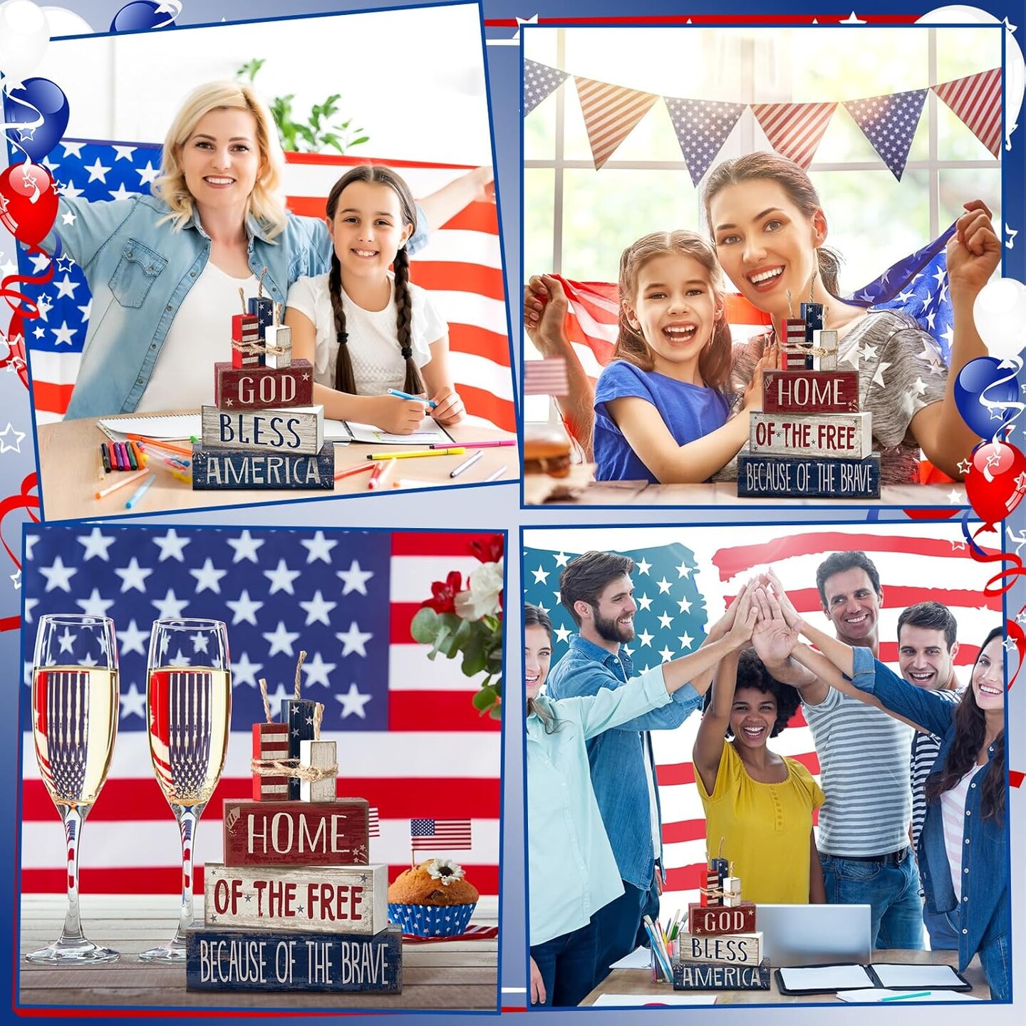 4 Pcs 4th of July Table Decorations Reversible Memorial Day Table Centerpiece Red White and Blue Patriotic Fireworks Block Sign with String for Independence Day Tiered Tray Decor(Firework)