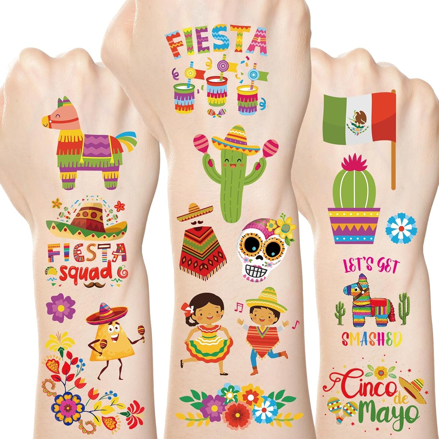 Cinco De Mayo Mexican Fiesta Temporary Tattoos Face Body Stickers 75pcs Party Favors for Kids Decorations Supplies