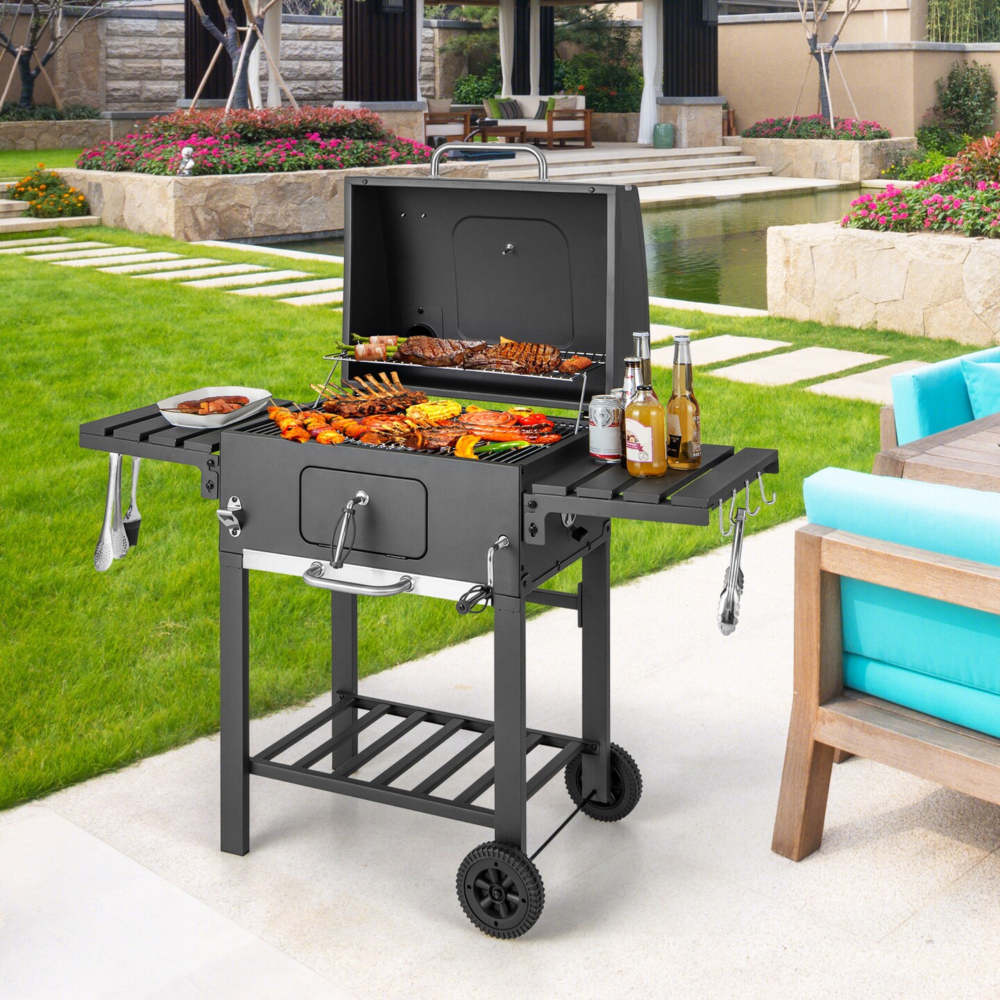 Extra Large Outdoor Charcoal Grill 611 Sq.In. Cooking Space, Adjustable Height Tray, Folding Tables
