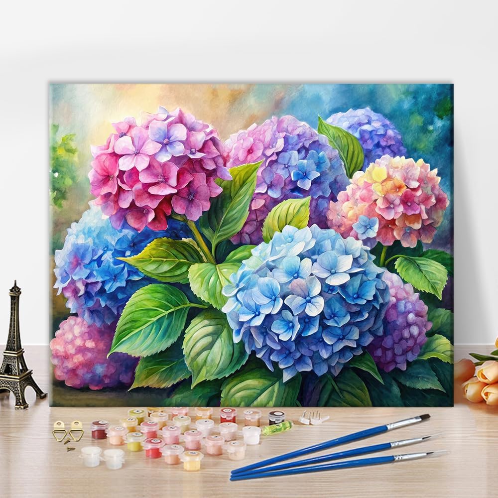 Paint by Numbers Kit for Adults Beginner, Flower Adult Paint by Number Kits on Canvas Watercolor Hydrangeas in Soothing Pastel Tones Paint by Number for Adults for Floral Arrangements Decor 16x20 Inch