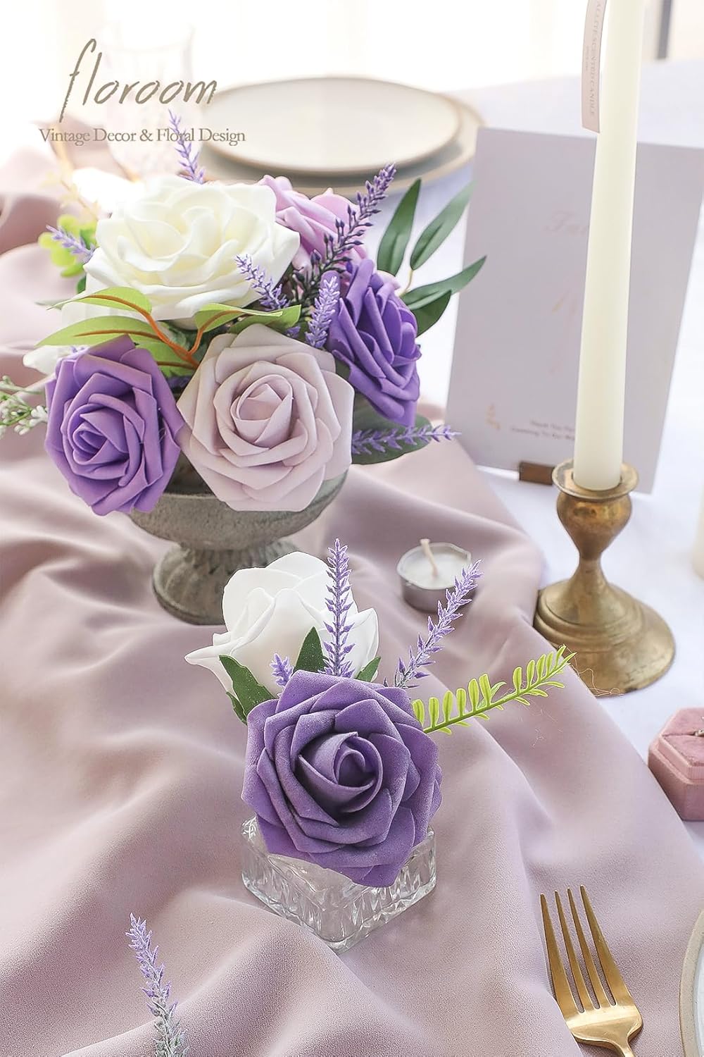 Artificial Purple Lavender, 4 Bushes Flocked Fake Lilac Flower for Wedding Bouquet DIY Table Centerpieces and Floral Arrangement Decoration