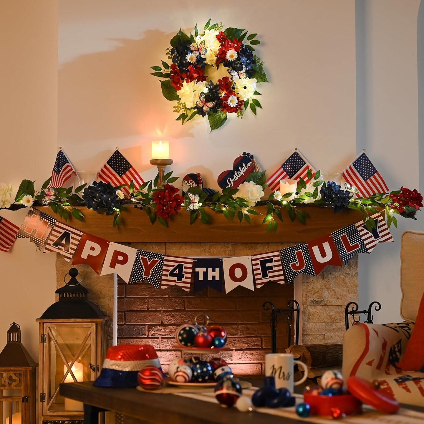 Patriotic Hydrangeas Wreaths for Front Door with Lights,Red White Blue Summer Artificial Floral Memorial Day Wreath with Eucalyptus Leaves Butterfly for 4th of July 18&#x27;&#x27;