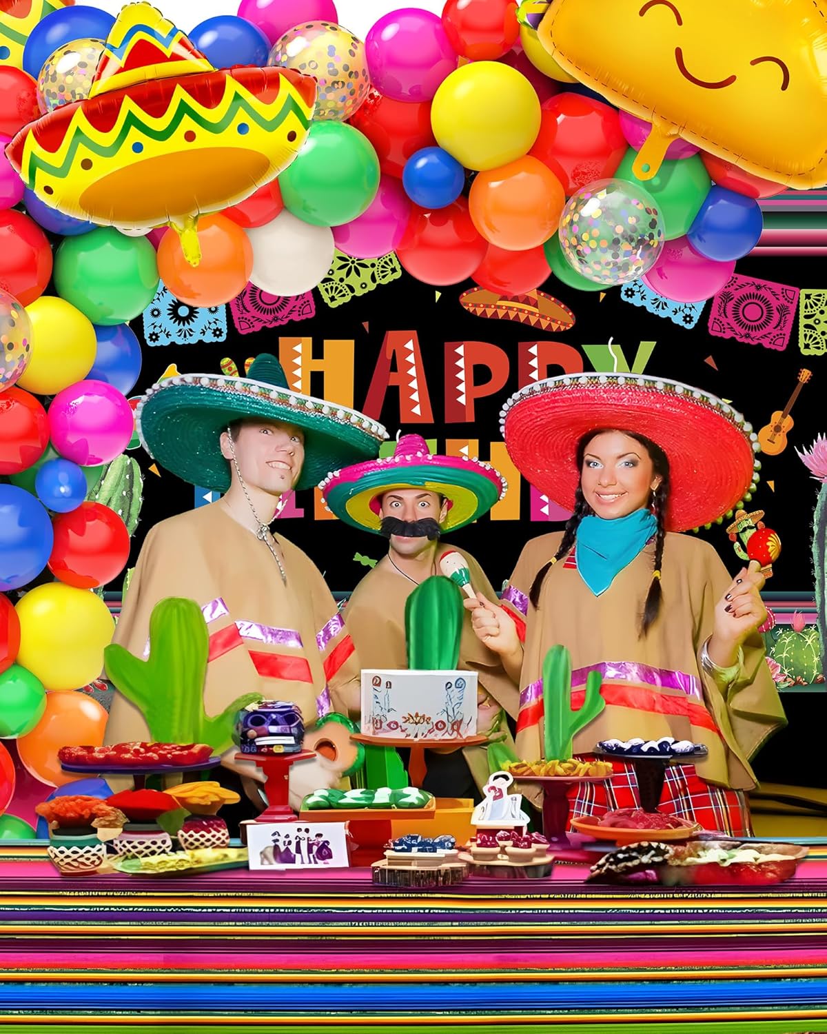 100pcs Mexican Party Birthday Decorations Fiesta Balloon Arch Garland Kit, 5 De Mayo Happy Birthday Backdrop Taco Balloons Tablecloth Decor Carnival Cinco De Mayo Party Decorations Supplies