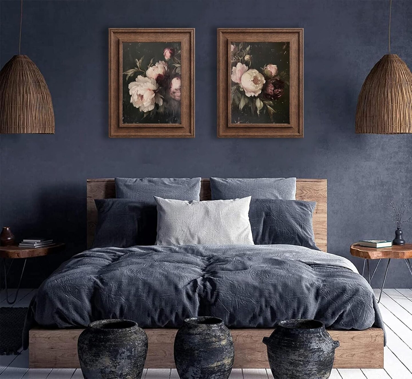 Summer 2 Pcs Vintage Peonies Flower Canvas Wall Decor, Classical Dark Pink Peonies Pictures, Retro Moody Floral Botanical Still Life Posters Prints for Living Room, Bedroom, Home Decoration