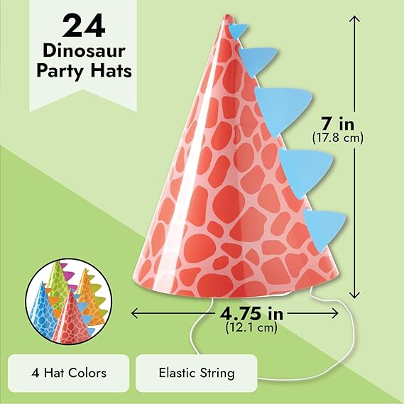 24 Pack Dinosaur Party Hats for Dino Party Supplies, T-Rex Theme Birthday, Baby Shower Decorations (4 Colors) - Dinosaur Birthday Decorations