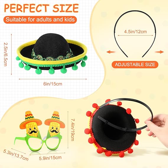 18 Pcs Fiesta Party Supplies Sombrero Party Hats Headbands Paper Mexican Eyeglasses Cinco De Mayo Mexican Party Decor