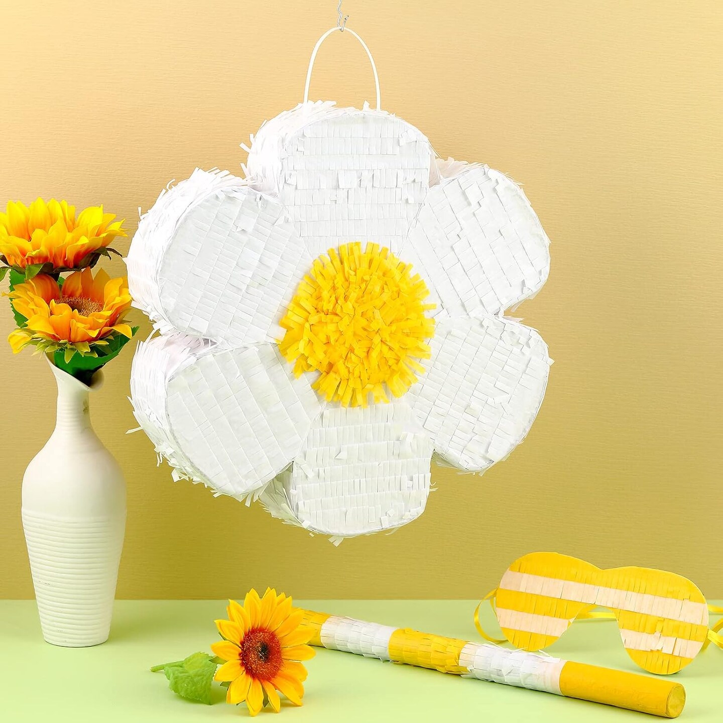 Daisy Flower Pi&#xF1;ata Flower Daisy Hippie Boho Pi&#xF1;ata Hanging Gender Reveal with Blindfold and Stick for Birthday Baby Shower Gender Reveal Wedding Floral Party Supplies